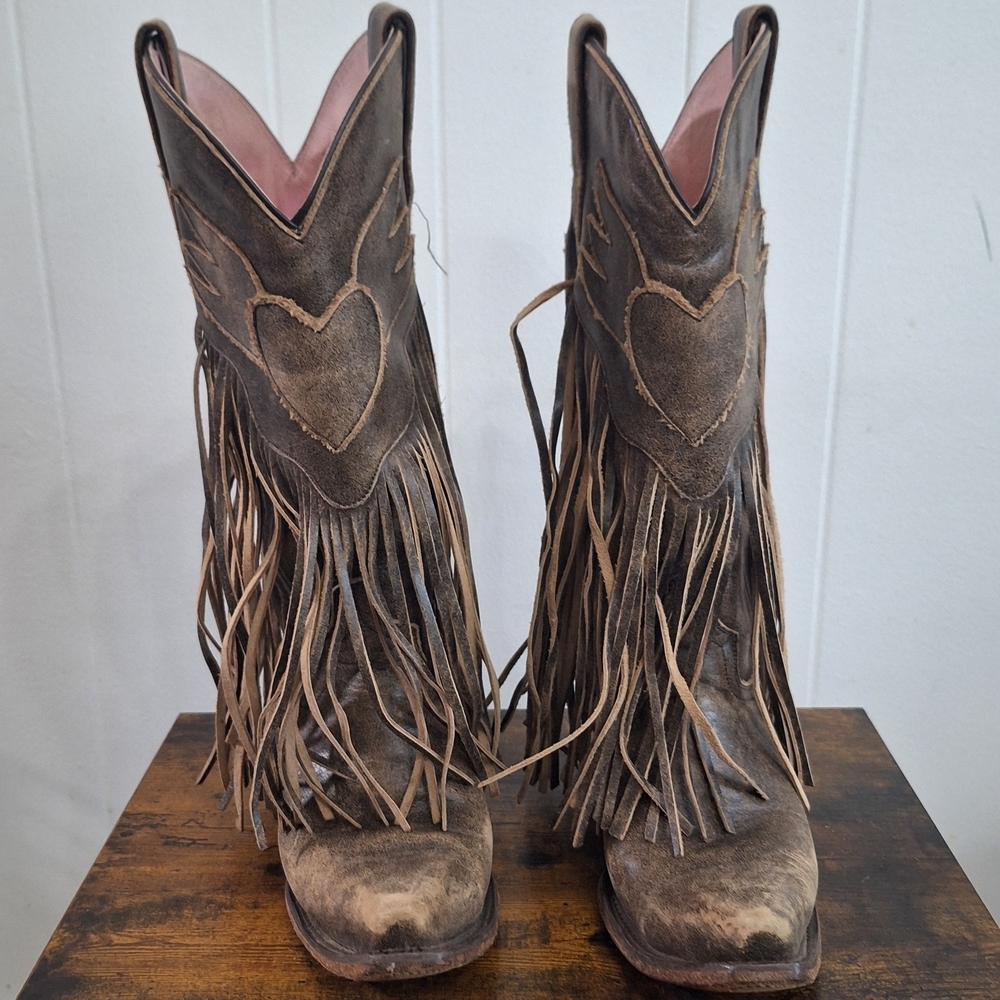 Discontinued Heart Fringe Heeled Boots - Brown